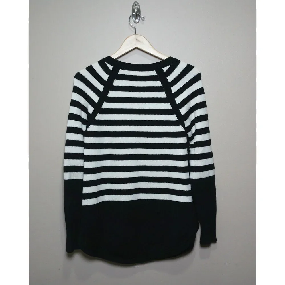Anthropologie Black White Striped Knit Sweater Small Coastal Preppy Crewneck
